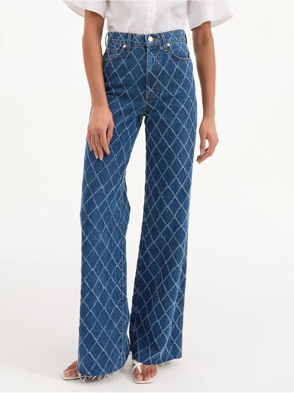Veronica Beard Blue Diamond-Quilt Wide-Leg Jeans